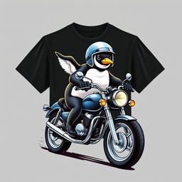 A realistic graphic of a penguin riding a motorcycle printed on a t-shirt
