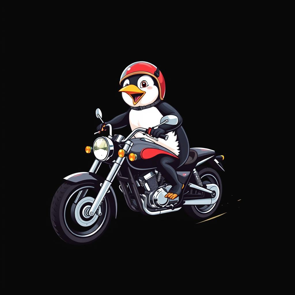 A realistic graphic of a penguin riding a motorcycle printed on a t-shirt