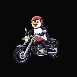 A realistic graphic of a penguin riding a motorcycle printed on a t-shirt