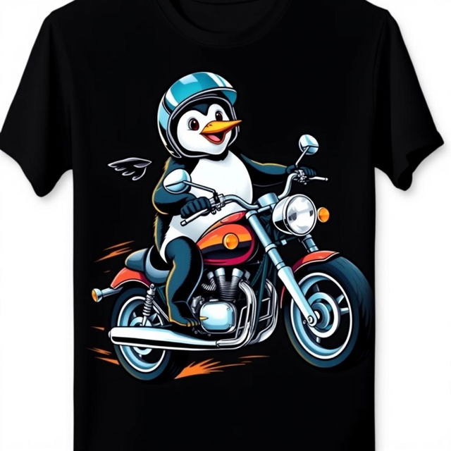 A realistic graphic of a penguin riding a motorcycle printed on a t-shirt