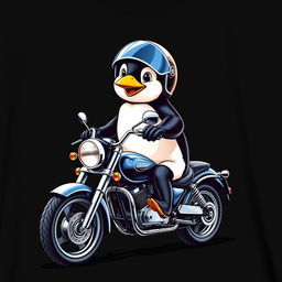 A realistic graphic of a penguin riding a motorcycle printed on a t-shirt