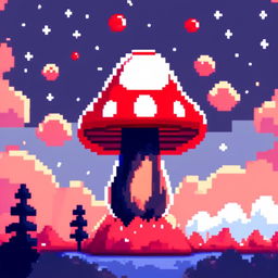 Pixel art profile picture featuring a vibrant red mushroom under a starlit midnight blue sky.