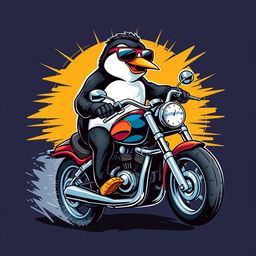 A realistic penguin riding a motorcycle, depicted on a t-shirt design
