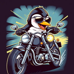 A realistic penguin riding a motorcycle, depicted on a t-shirt design