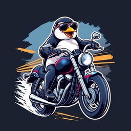 A realistic penguin riding a motorcycle, depicted on a t-shirt design