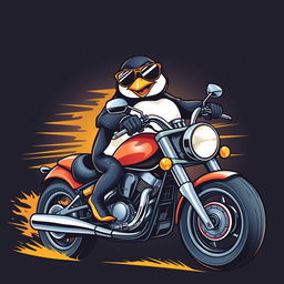 A realistic penguin riding a motorcycle, depicted on a t-shirt design