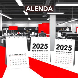A graphic design for a calendar trio featuring a striking office scene where calendars, catalogs, and brochures are being printed in a modern print shop