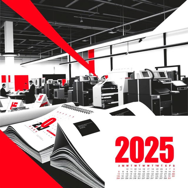 A graphic design for a calendar trio featuring a striking office scene where calendars, catalogs, and brochures are being printed in a modern print shop