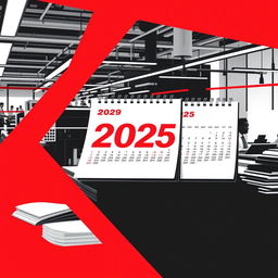 A graphic design for a calendar trio featuring a striking office scene where calendars, catalogs, and brochures are being printed in a modern print shop