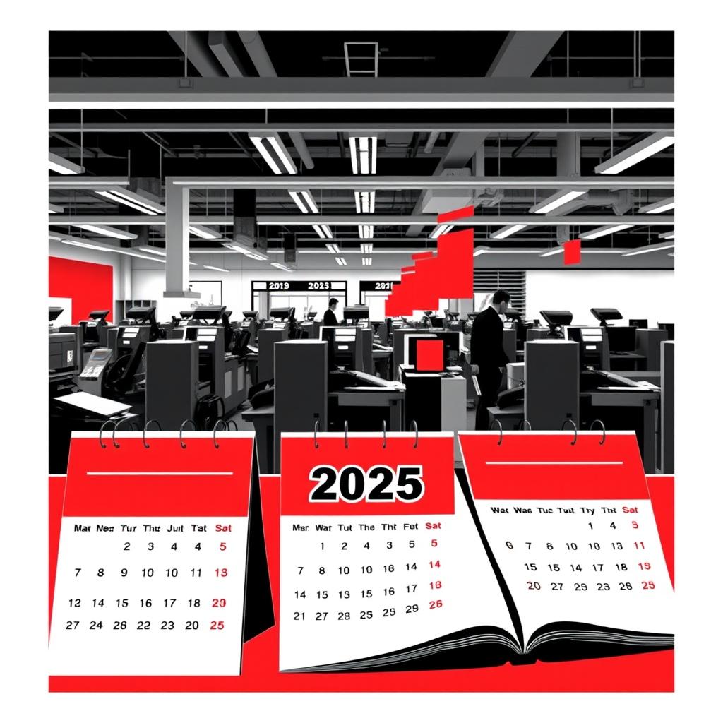 A graphic design for a calendar trio featuring a striking office scene where calendars, catalogs, and brochures are being printed in a modern print shop