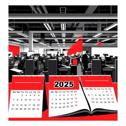 A graphic design for a calendar trio featuring a striking office scene where calendars, catalogs, and brochures are being printed in a modern print shop