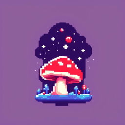 Pixel art profile picture featuring a vibrant red mushroom under a starlit midnight blue sky.