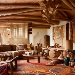 A spacious living room with tribal-inspired designs. The room features earth-toned furniture, patterned rugs, distinctive tribal art pieces, and wooden elements for a warm, ethnic aesthetic.