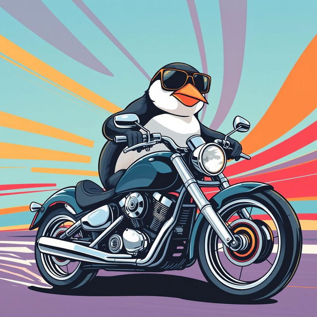 A wrinkless t-shirt design featuring a realistic penguin riding a motorcycle