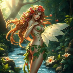 A beautiful female nymph creature with a stunning figure and prominent features, depicted in a mystical forest setting