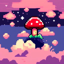 Pixel art profile picture featuring a vibrant red mushroom under a starlit midnight blue sky.