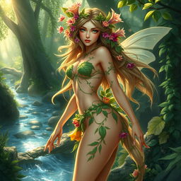 A beautiful female nymph creature with a stunning figure and prominent features, depicted in a mystical forest setting