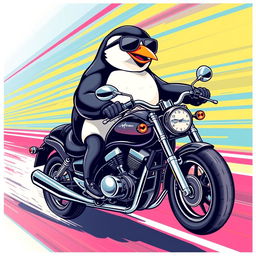 A wrinkless t-shirt design featuring a realistic penguin riding a motorcycle