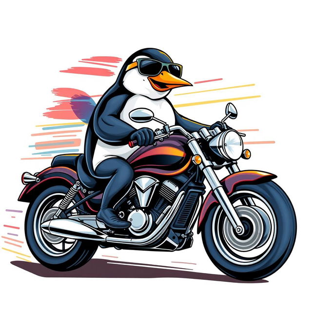 A wrinkless t-shirt design featuring a realistic penguin riding a motorcycle