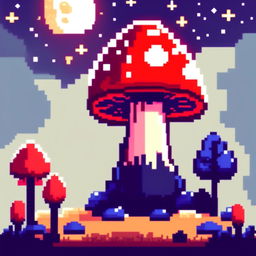 Pixel art profile picture featuring a vibrant red mushroom under a starlit midnight blue sky.