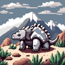 Pixel art PFP featuring a friendly grey and white Ankylosaurus against a backdrop of a rocky terrain.