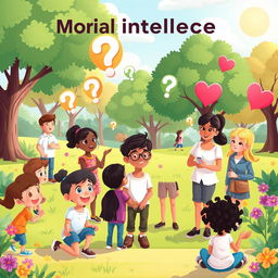 A colorful and dynamic animation scene representing the concept of moral intelligence