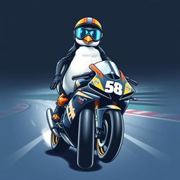 A t-shirt design featuring a realistic penguin perched on a racing motorcycle at the front of the shirt