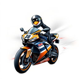 A t-shirt design featuring a realistic penguin perched on a racing motorcycle at the front of the shirt