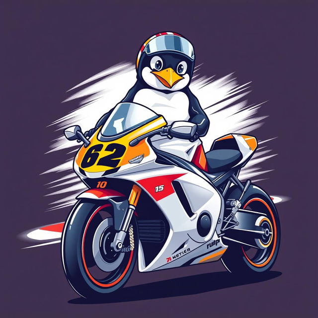 A t-shirt design featuring a realistic penguin perched on a racing motorcycle at the front of the shirt