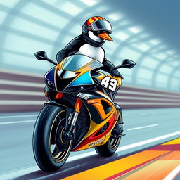 A t-shirt design featuring a realistic penguin perched on a racing motorcycle at the front of the shirt