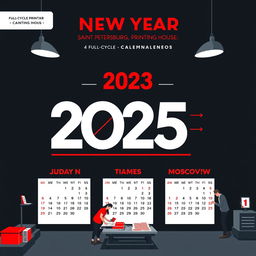 A calendar design for a full-cycle printing house, featuring a trio layout in bold red, black, and white colors