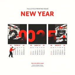 A calendar design for a full-cycle printing house, featuring a trio layout in bold red, black, and white colors