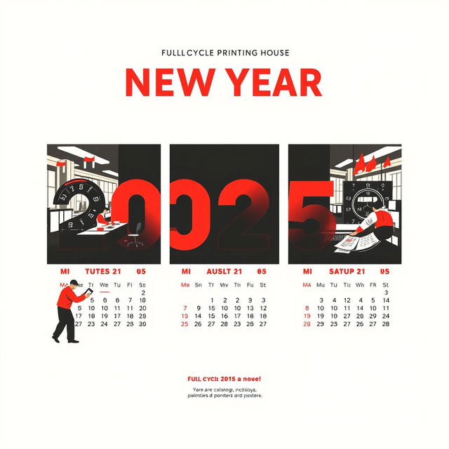 A calendar design for a full-cycle printing house, featuring a trio layout in bold red, black, and white colors