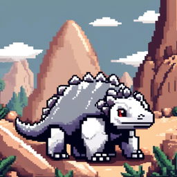 Pixel art PFP featuring a friendly grey and white Ankylosaurus against a backdrop of a rocky terrain.