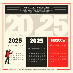A calendar design for a full-cycle printing house, featuring a trio layout in bold red, black, and white colors