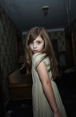 A scared girl with wide eyes, looking back over her shoulder, her expression a mix of fear and curiosity