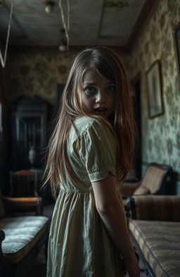 A scared girl with wide eyes, looking back over her shoulder, her expression a mix of fear and curiosity