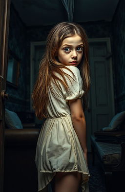 A scared girl with wide eyes, looking back over her shoulder, her expression a mix of fear and curiosity