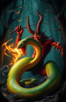 A dramatic and intense battle scene between a giant snake and a menacing devil, set in an eerie, dimly lit forest