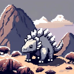 Pixel art PFP featuring a friendly grey and white Ankylosaurus against a backdrop of a rocky terrain.