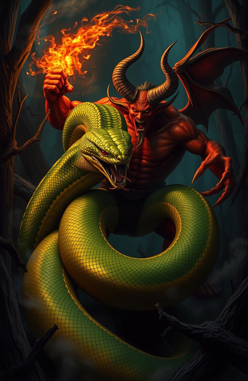 A dramatic and intense battle scene between a giant snake and a menacing devil, set in an eerie, dimly lit forest