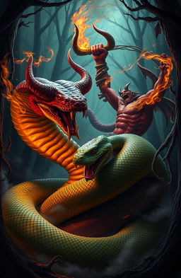 A dramatic and intense battle scene between a giant snake and a menacing devil, set in an eerie, dimly lit forest