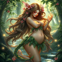 A captivating female nymph creature, featuring an exquisite and voluptuous figure, gracefully posed in a serene forest glade