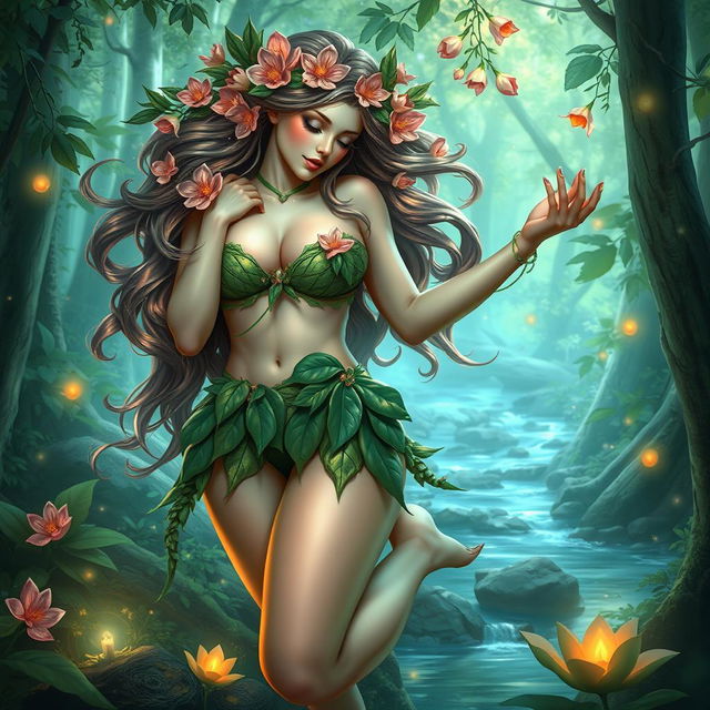 A captivating female nymph creature, featuring an exquisite and voluptuous figure, gracefully posed in a serene forest glade