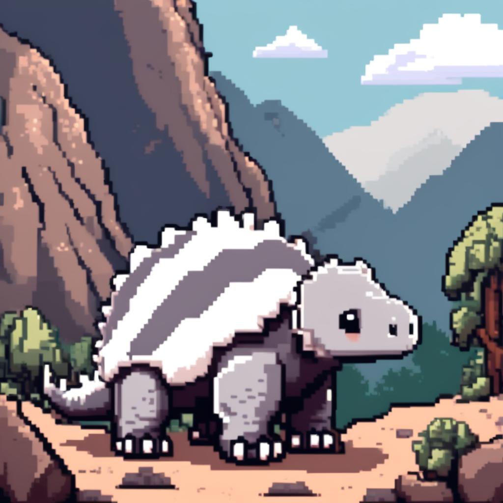 Pixel art PFP featuring a friendly grey and white Ankylosaurus against a backdrop of a rocky terrain.