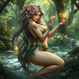 A captivating female nymph creature, featuring an exquisite and voluptuous figure, gracefully posed in a serene forest glade
