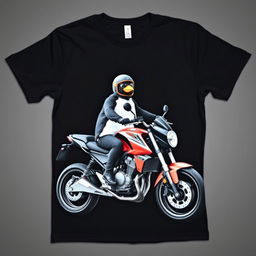 A modern black T-shirt laid flat, featuring a large print of a realistic penguin sitting on a sleek, low-profile sports motorcycle
