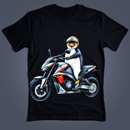 A modern black T-shirt laid flat, featuring a large print of a realistic penguin sitting on a sleek, low-profile sports motorcycle