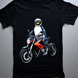 A modern black T-shirt laid flat, featuring a large print of a realistic penguin sitting on a sleek, low-profile sports motorcycle