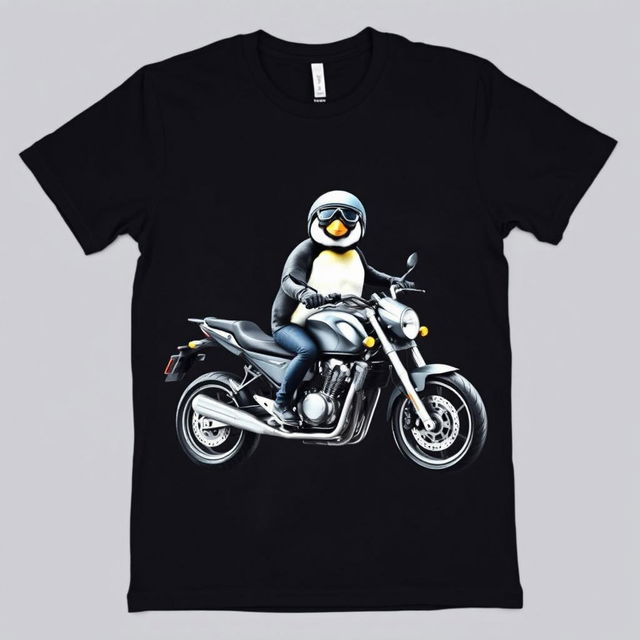 A modern black T-shirt laid flat, featuring a large print of a realistic penguin sitting on a sleek, low-profile sports motorcycle